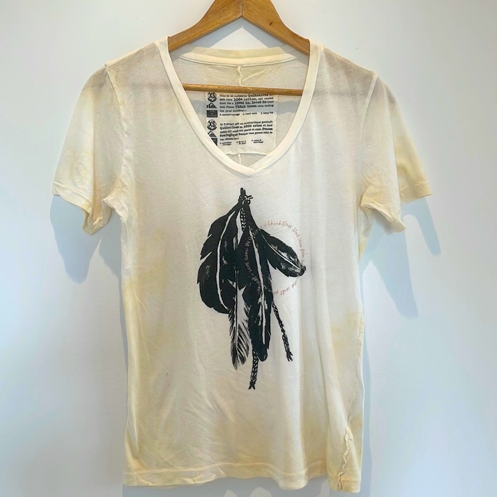Quicksilver Women’s Distressed Feather V-Neck Tee. - Cream